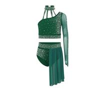 renvena Two Piece Lyrical Costume for Girls Dance Outfit Sparkle Ballet Leotard Dress Crop Tops Skirt Sets Dark Green 15-16 Years