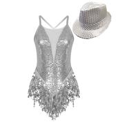renvena Women Latin Jazz Modern Dance Costume Sequins Tassels Leotards Skirted Ballroom Contemporary Dancewear Silver L