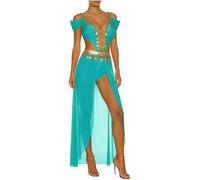 renvena Women's Arabian Belly Dancer Costume Halloween Cosplay Split Maxi Dress for Carnival Festival Sky Blue XXL