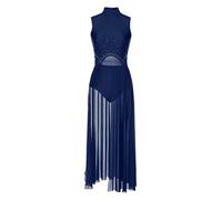 renvena Women's Lyrical Dance Costume Dress Sparkly Modern Contemporary Dance Leotard Overlay Maxi Skirt Navy Blue S