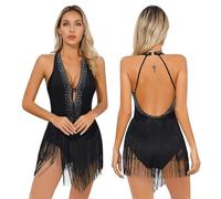 renvena Women's Sparkly Sequins Leotards Dress Ballroom Jazz Latin Dance Leotard Tassel Fringe Bodysuit Black XL