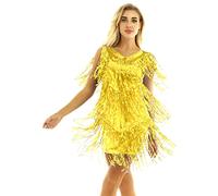 renvena Women's Sparkly Sequins Tassels Ballroom Salsa Samba Rumba Tango Latin Flapper Dress Dancewear Gold XXL
