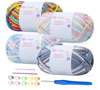 Renyiz 4-Pack 100g Chunky Cotton Crochet Yarn with 4mm Hook, Soft Non-Split Thick Yarn for Amigurumi DIY Gifts, Home Decor, Beginner Projects (Rainbow+Mixgrey+Mixgreen+Mixblue)