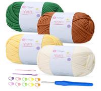 Renyiz 4-Pack 100g Chunky Cotton Crochet Yarn with 4mm Hook, Soft Non-Split Thick Yarn for Amigurumi DIY Gifts, Home Decor, Beginner Projects (Green+Brown+Yellow+Offwhite)