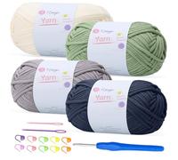 Renyiz 4-Pack 100g Chunky Cotton Crochet Yarn with 4mm Hook, Soft Non-Split Thick Yarn for Amigurumi DIY Gifts, Home Decor, Beginner Projects (Offwhite+Avocado+Navy+Grey)