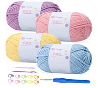 Renyiz 4-Pack 100g Chunky Cotton Crochet Yarn with 4mm Hook, Soft Non-Split Thick Yarn for Amigurumi DIY Gifts, Home Decor, Beginner Projects (Purple+Pink+Yellow+LightBlue)