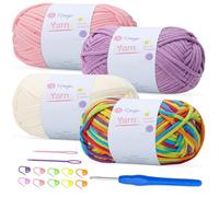 Renyiz 4-Pack 100g Chunky Cotton Crochet Yarn with 4mm Hook, Soft Non-Split Thick Yarn for Amigurumi DIY Gifts, Home Decor, Beginner Projects (Pink+Purple+Offwhite+Rainbow)