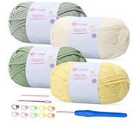 Renyiz 4-Pack 100g Chunky Cotton Crochet Yarn with 4mm Hook, Soft Non-Split Thick Yarn for Amigurumi DIY Gifts, Home Decor, Beginner Projects (Mint+Avocado+Offwhite+Yellow)