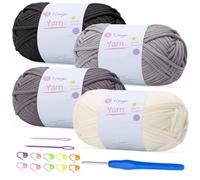 Renyiz 4-Pack 100g Chunky Cotton Crochet Yarn with 4mm Hook, Soft Non-Split Thick Yarn for Amigurumi DIY Gifts, Home Decor, Beginner Projects (Black+LightGrey+Darkgrey+Offwhite)