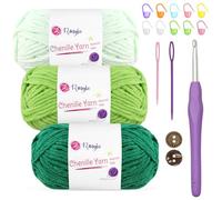 Renyiz Chenille Chunky Yarn for Crochet 3x50g (60m/Skein) Soft Fluffy Wool Ideal for Blankets, Amigurumi, Beginner Crocheters, with 5mm Crochet Hook (Green-3)