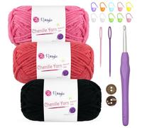 Renyiz Chenille Chunky Yarn for Crochet 3x50g (60m/Skein) Soft Fluffy Wool Ideal for Blankets, Amigurumi, Beginner Crocheters, with 5mm Crochet Hook (Rosepink-3)