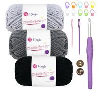 Renyiz Chenille Chunky Yarn for Crochet 3x50g (60m/Skein) Soft Fluffy Wool Ideal for Blankets, Amigurumi, Beginner Crocheters, with 5mm Crochet Hoo k(Black-3)