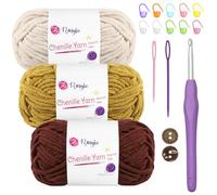 Renyiz Chenille Chunky Yarn for Crochet 3x50g (60m/Skein) Soft Fluffy Wool Ideal for Blankets, Amigurumi, Beginner Crocheters, with 5mm Crochet Hook (Brown-3)