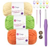 Renyiz Chenille Chunky Yarn for Crochet 3x50g (60m/Skein) Soft Fluffy Wool Ideal for Blankets, Amigurumi, Beginner Crocheters, with 5mm Crochet Hook (Orange-3)