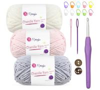 Renyiz Chunky Chenille Yarn for Crochet Fluffy Baby Blanket Yarn 3x50g Soft Fluffy Wool with 5mm Crochet Hook Amigurumi Crochet Yarn for Beginners (White-3)