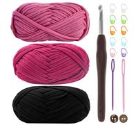 Renyiz Chunky Yarn for Crochet, 3x100g Pink+Red+Black, Polyester, 6mm Crochet Hook, Perfect for Beginners, Gifts, Small Projects, Toys, Scarf, Hat, Shoes, Coasters