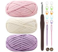 Renyiz Chunky Yarn for Crochet T Shirt Yarn, 3x100g Pink White Purple, Crochet Kit for Beginners, Elastic Fabric, Includes 6mm Crochet Hook, All Ages, Small, Not Foldable