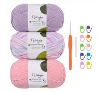 Renyiz Crochet Yarn 3x100g 4 Ply Combed Cotton Yarn, 60% Cotton 40% Acrylic, Complete Craft Set with 2.5mm Hook, Accessories for Adult Beginners, Perfect for Amigurumi & DIY Projects (Purple-3)