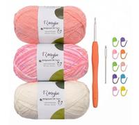 Renyiz Crochet Yarn 3x100g 4 Ply Combed Cotton Yarn, 60% Cotton 40% Acrylic, Complete Craft Set with 2.5mm Hook, Accessories for Adult Beginners, Perfect for Amigurumi & DIY Projects (Pink-3)
