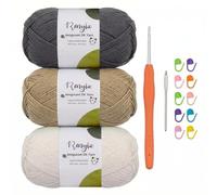 Renyiz Crochet Yarn 3x100g 4 Ply Combed Cotton Yarn, 60% Cotton 40% Acrylic, Complete Craft Set with 2.5mm Hook, Accessories for Adult Beginners, Perfect for Amigurumi & DIY Projects (Brown-3)