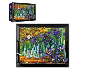 Reobrix Irises Building Sets, 3D Flowers Framed Wall Art Model Kit, Famous Painting Collection Building Blocks for Adults & Teens, Botanical Art Decor, Gift for Floral Lovers, 3480Pcs