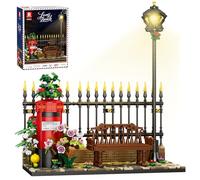 Reobrix Long Bench Building Block Sets for Adults with LED Lights 66610, London Red Mailbox with Flowers Model, British Vintage Street View Building Toy, Retro Postbox Building Set for Adult（1057PCS）