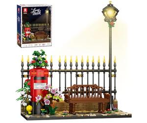 Reobrix Long Bench Building Block Sets for Adults with LED Lights 66610, London Red Mailbox with Flowers Model, British Vintage Street View Building Toy, Retro Postbox Building Set for Adult（1057PCS）