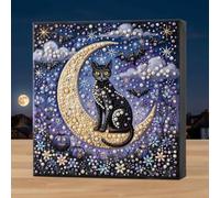 Reofrey Pearl Diamond Painting Art Kits for Adults Black Cat, Crescent Moon and Bat, Creative Gift for Craft Fans, Christmas DIY Gem Art Project, 8 x 8 Inch, Diamond Painting