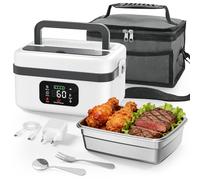 Reomdara Wireless Electric Lunch Box 1L with Adjustable Temperature and Time 60W LED Portable Heating Box with Spoon Fork & Bag, Stainless Steel Detachable for (White and Grey)