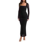REORIA Long Sleeve Wedding Guest Maxi Dresses for Women Sheer Mesh Square Neck Ruched Bodycon Long Dress 2025 Fall Outfits Black Onyx Small