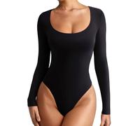 REORIA Women Fall Outfits Basic Scoop Neck Long Sleeve Leotards Fashion Sexy Double Lined Layering Slim Body Suit Tops Plus Size Black XX-Large