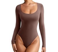 REORIA Women Fall Outfits Basic Scoop Neck Long Sleeve Leotards Fashion Sexy Double Lined Layering Slim Body Suit Tops Plus Size Coffee X-Large