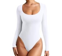 REORIA Women Fall Outfits Basic Scoop Neck Long Sleeve Leotards Fashion Sexy Double Lined Layering Slim Body Suit Tops Plus Size White XX-Large