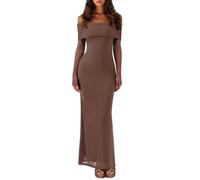REORIA Women Long Sleeve Off Shoulder Formal Dress Elegant Stretch Mesh Double Lined Bodycon Long Party Wedding Guest Dresses Fall Winter Coffee X-Small