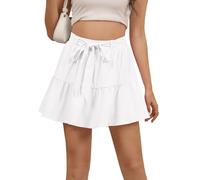 REORIA Women Mini Pleated Cake Skirt A-line Design Tennis School Dance Short Skirts with Lace Up and Shorts Lining White L