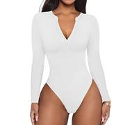 REORIA Women's Casual Sexy V Neck Fitted Long Sleeve T Shirts Work Slimming Ribbed Thong Leotards Bodysuits Tops White XX-Large