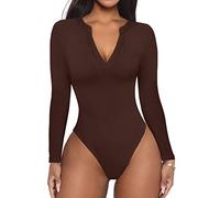 REORIA Women's Casual Sexy V Neck Fitted Long Sleeve T Shirts Work Slimming Ribbed Thong Leotards Bodysuits Tops Coffee Large