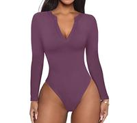 REORIA Women's Casual Sexy V Neck Fitted Long Sleeve T Shirts Work Slimming Ribbed Thong Leotards Bodysuits Tops Purple Medium