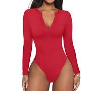 REORIA Women's Casual Sexy V Neck Fitted Long Sleeve T Shirts Work Slimming Ribbed Thong Leotards Bodysuits Tops Red Large