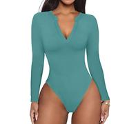 REORIA Women's Casual Sexy V Neck Fitted Long Sleeve T Shirts Work Slimming Ribbed Thong Leotards Bodysuits Tops Aqua Green Medium