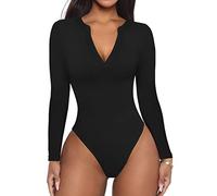 REORIA Women's Casual Sexy V Neck Fitted Long Sleeve T Shirts Work Slimming Ribbed Thong Leotards Bodysuits Tops Black Large