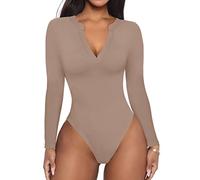 REORIA Women's Casual Sexy V Neck Fitted Long Sleeve T Shirts Work Slimming Ribbed Thong Leotards Bodysuits Tops Khaki Plus Size 2X-Large