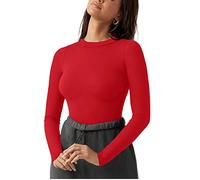 REORIA Women's Fall Fashion Crew Neck Double Lined Long Sleeve One Piece Fitted Tight T Shirts Leotards Bodysuits Tops For Going Out Red Small