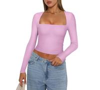 REORIA Women's Fall Sexy Casual Square Neck Long Sleeve Tight Cropped T Shirts Slim Fitted Basic Y2K Trendy Going Out Crop Tops for Teen Girls Coral Pink Large