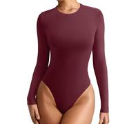 REORIA Women's Long Sleeve Body Suits Crew Neck Slim Double Lined Basic Layering Bodysuits Fall Going Out Tops Winter Outfits (Burgundy Large)