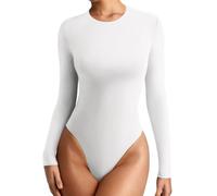 REORIA Women's Long Sleeve Body Suits Crew Neck Slim Double Lined Basic Layering Bodysuits Fall Going Out Tops Winter Outfits (White Large)