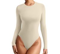 REORIA Women's Long Sleeve Body Suits Crew Neck Slim Double Lined Basic Layering Bodysuits Fall Going Out Tops Winter Outfits (Beige Cream Large)