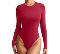 REORIA Women's Long Sleeve Body Suits Crew Neck Slim Double Lined Basic Layering Bodysuits Fall Going Out Tops Winter Outfits (Red X-Large)
