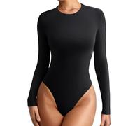 REORIA Women's Long Sleeve Bodysuits Crew Neck Slim Double Lined Basic Layering Body Suits Fall Going Out Tops Winter Outfits (Black Small)