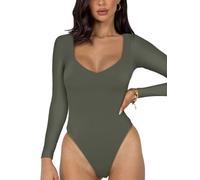 REORIA Women's Sexy Basic V Neck Long Sleeve Body Suits Double Lined Seamless Slimming Fall Trendy Going Out Thong Bodysuit tops Plus Size Grey Green 2X-Large
